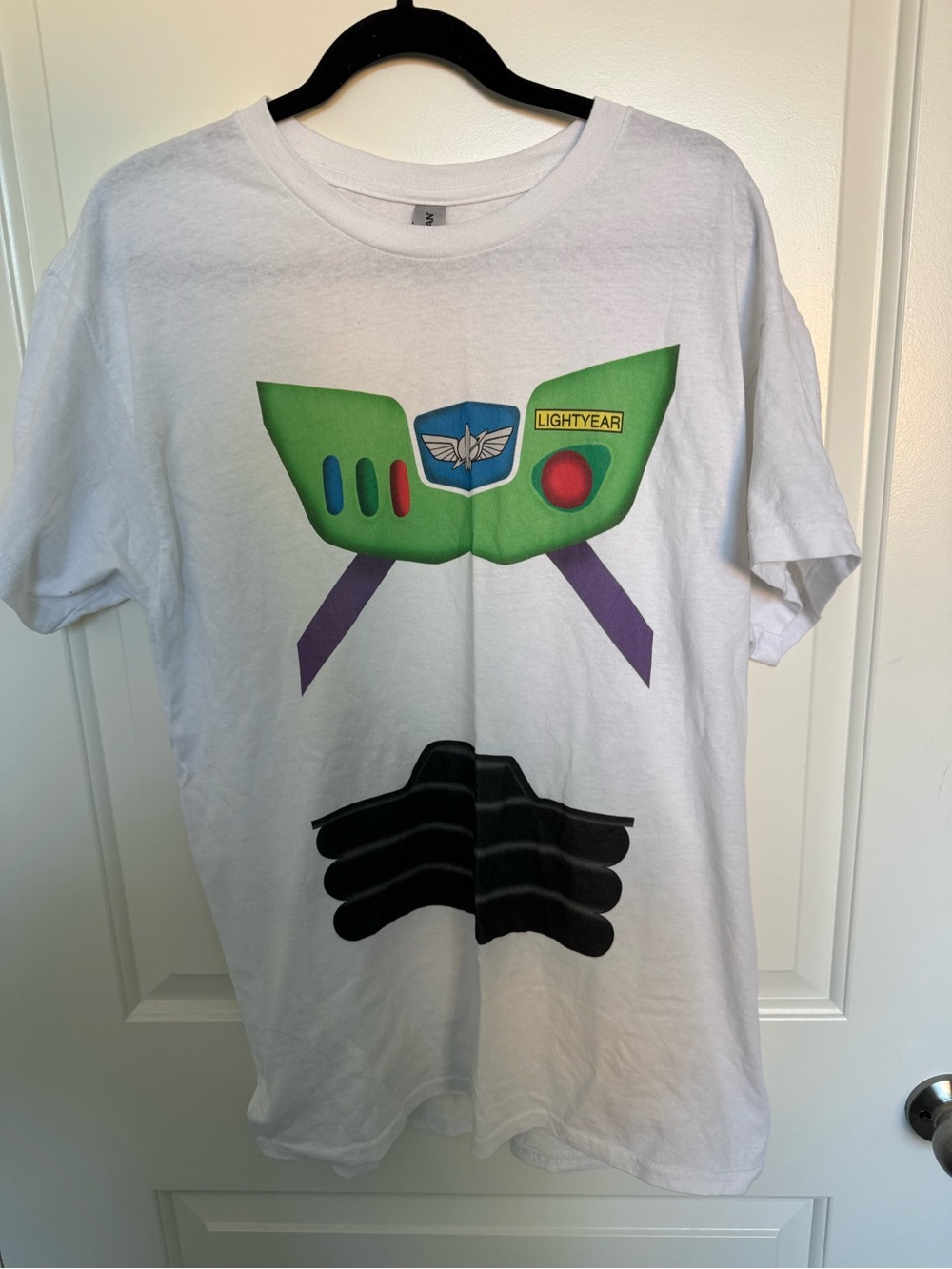 Disney White Buzz Lightyear Costume Graphic Tee with Green and Purple Accents